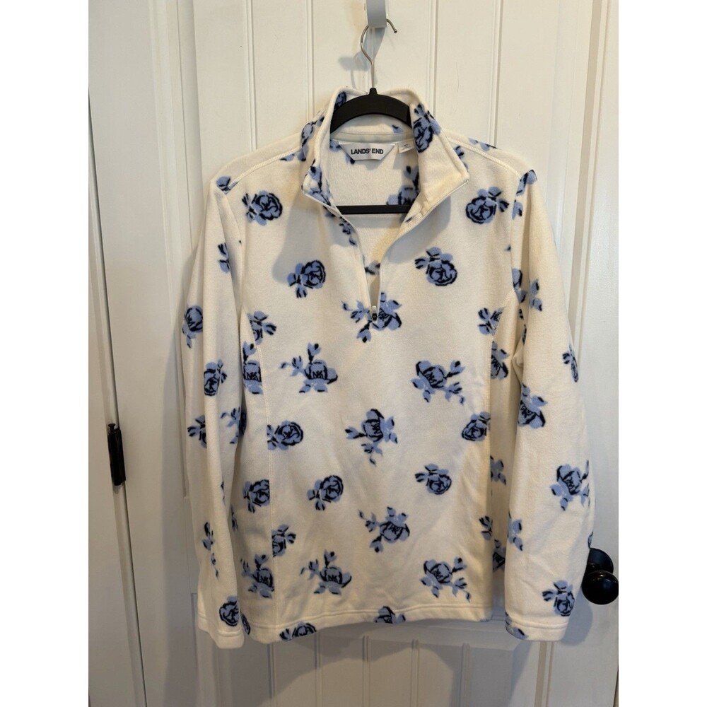 Lands End Fleece Pullover Womens XL 18 Cream Blue Floral Rose Quarter Zip